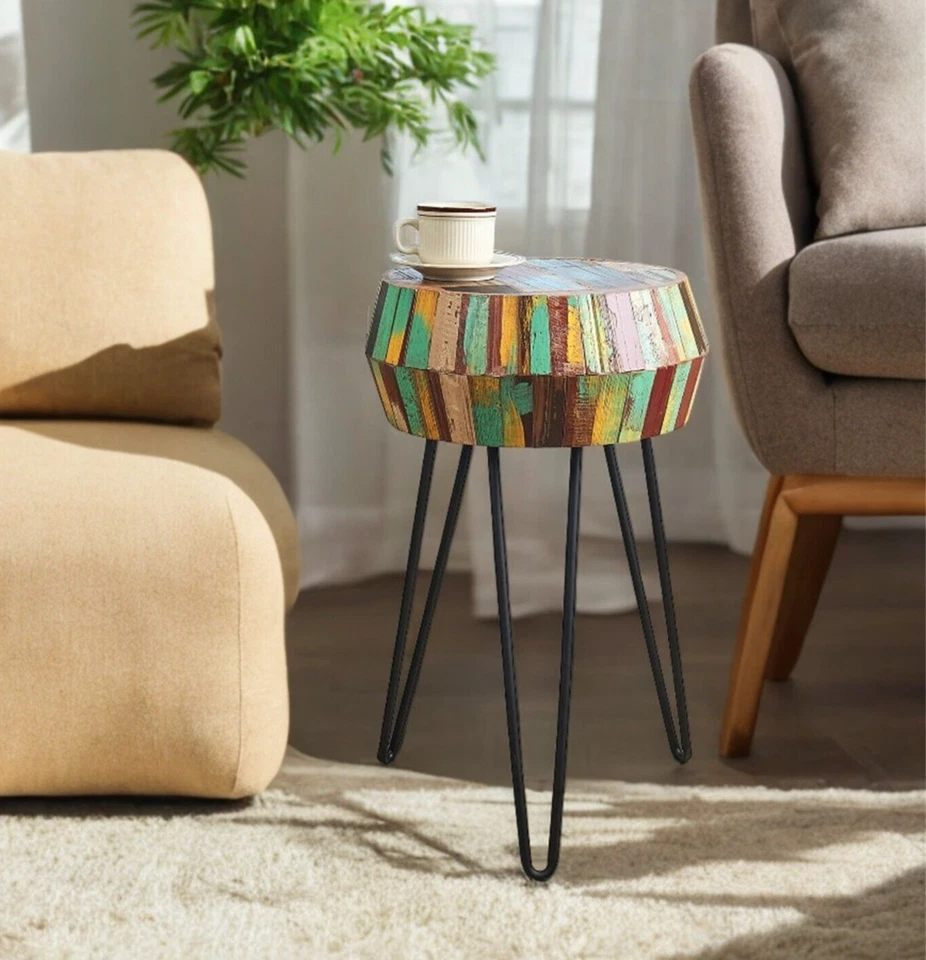 Greenage Side End Table Solid Reclaimed Wood  Nightstand Round 3D Round  22" H - Image 2 of 4