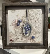 Original Oil Painting Still Life Blueberries On A Map  Aluminum  Board  Realism