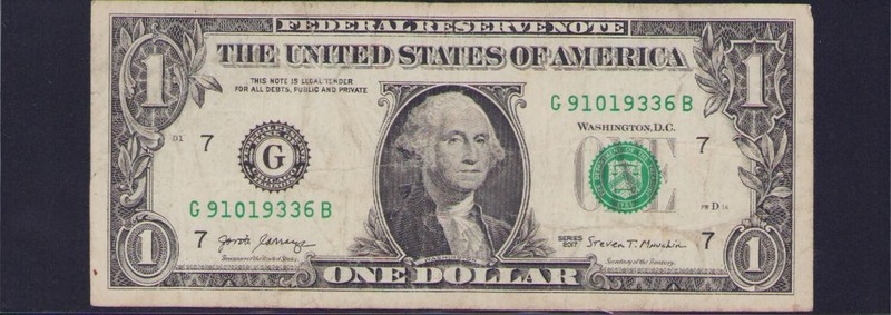 US Bank Note $1 Dollar Bill Fancy Birthday Anniversary Serial Number G 91019336