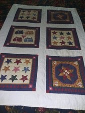 VTG 1995 Handmade Sampler Quilt Wall Hanging Stars/Cabins/Hearts 52" x 36"
