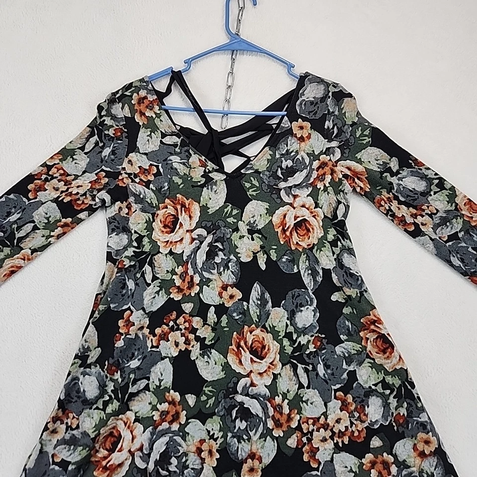 Vestido midi BCX para mujer M negro floral manga larga cuello en V lazo trasero Y2K BoHo Mama Foto 3 de 4