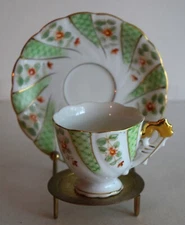 VTG Hand Painted Japan Demitasse Cup & Saucer Green/White/Floral with Stand
