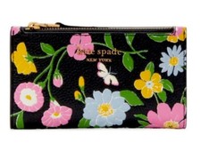 ORIG PKG Kate Spade Black Floral Multi Embossed Leather Slim Small Bifold Wallet