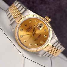 Rolex Datejust 36mm 18k Yellow Gold & Steel Fluted Gold Diamond Dial Watch 16013 12