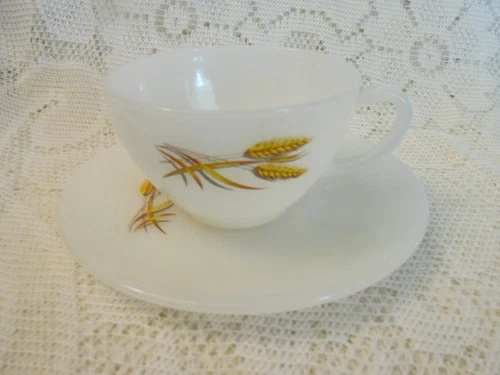 Vintage Fire King Milk Glass Wheat Coffee Cup and Saucer Set