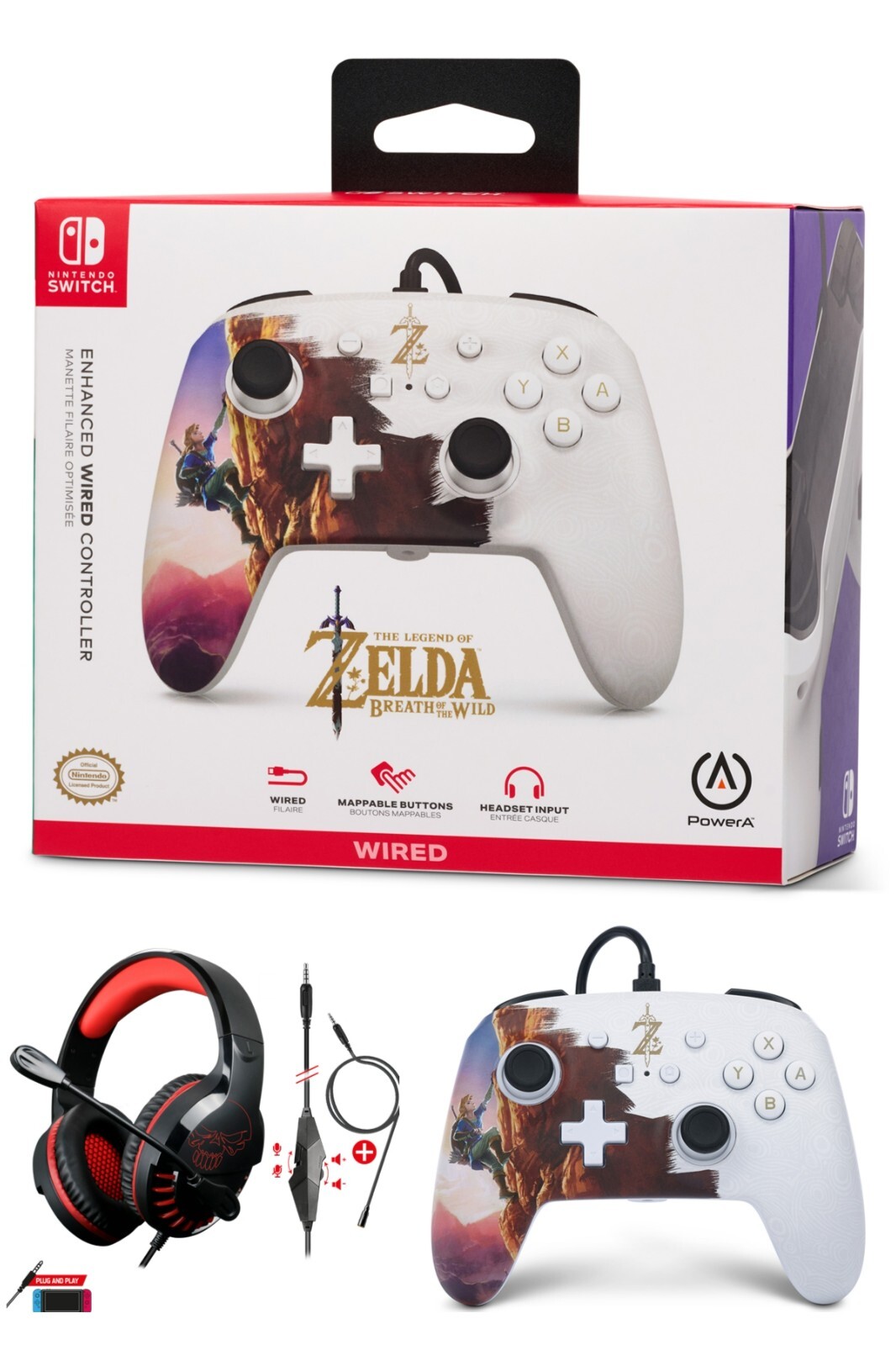 Manette Switch Filaire Zelda Officielle à sticks précis et son Casque Gamer Stéréo