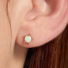 White Opal 1.00Ct Stud Turtle Earrings 14k Yellow Gold Plated 925 Silver