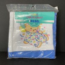 PJ Bear Riegel Teddy Bear Crib Baby Blanket Polyester Blue Trim 36  x 45  - New