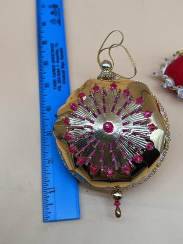 VTG Lot of 3 Handcrafted Push Pin Bead Sequin Satin Ball Christmas Ornaments - Picture 6 of 11