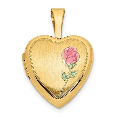14k Gelbgold 12mm Satin mit Emaille Rose Herz Medaillon Anhänger für Mama