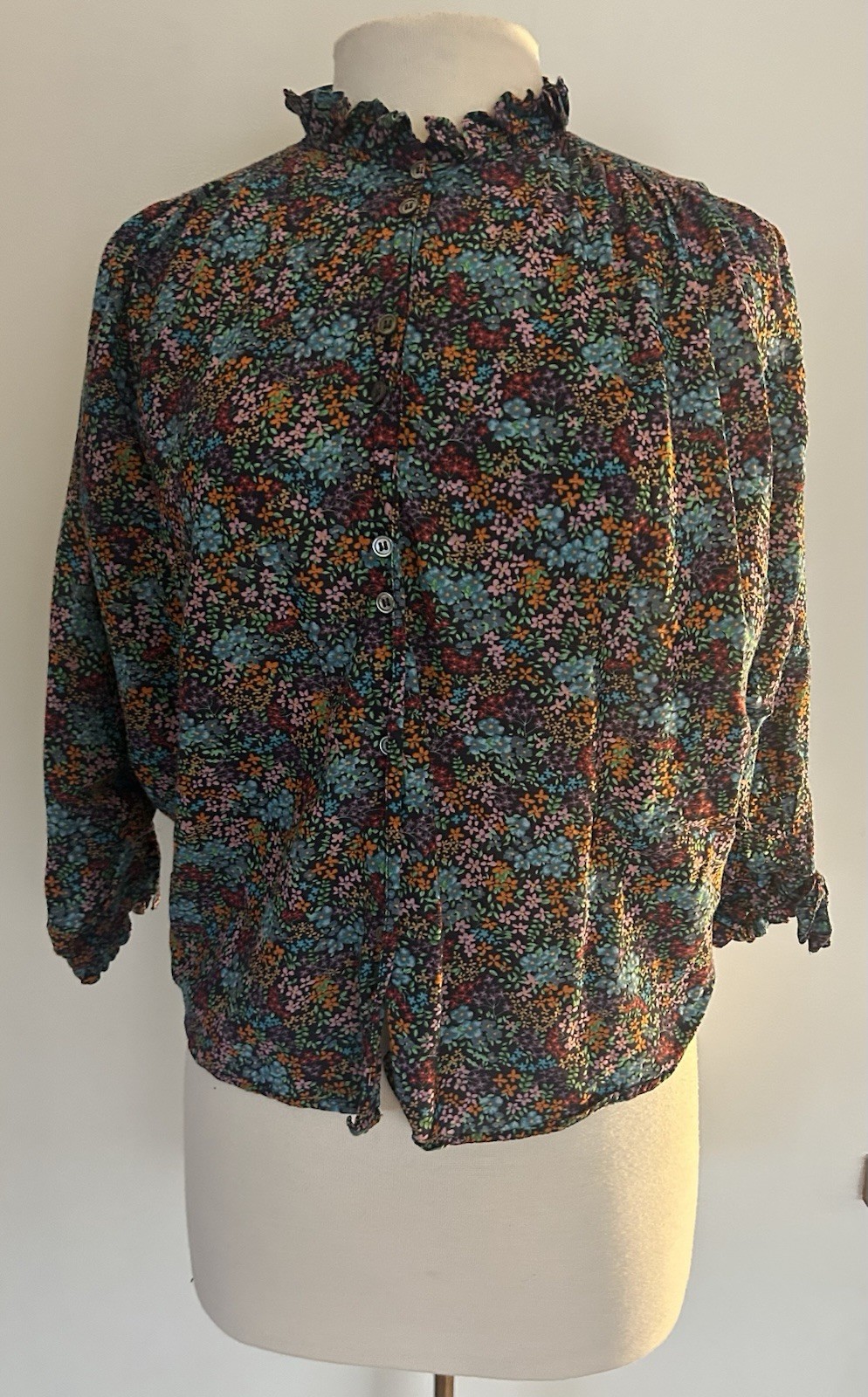 Doen Rose Blouse SZ S Navy Lady Bird Floral  Print Peasant Boho Romantic # 9164 image 2