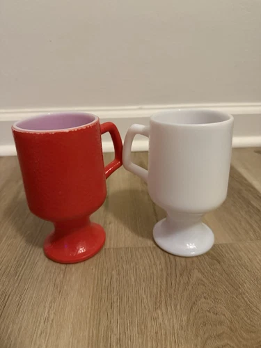 Red and White Milk Glass Anchor Hocking Fire King Mug Coffee Tea Cup Pedestal