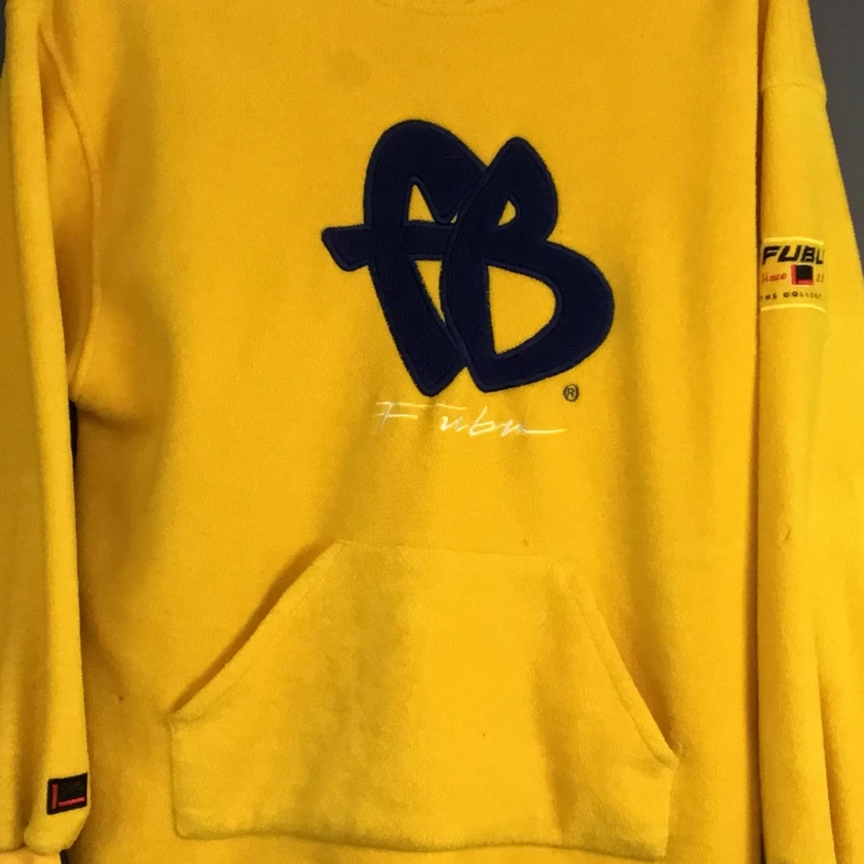 Винтажная мужская толстовка с капюшоном FUBU XL желтый флисовый пуловер логотип коллекция нашивка 90-е - Изображение 4 из 4