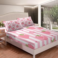 Cartoon Strawberry Bedding Sheets Twin Size Pink Stripe Bed Sheet Set for Tee...
