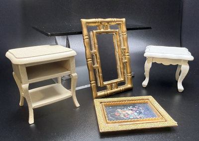 #ad Vintage Dollhouse Miniature Wooden Furniture and Decor Lot Mirror 4 Pieces $12.99