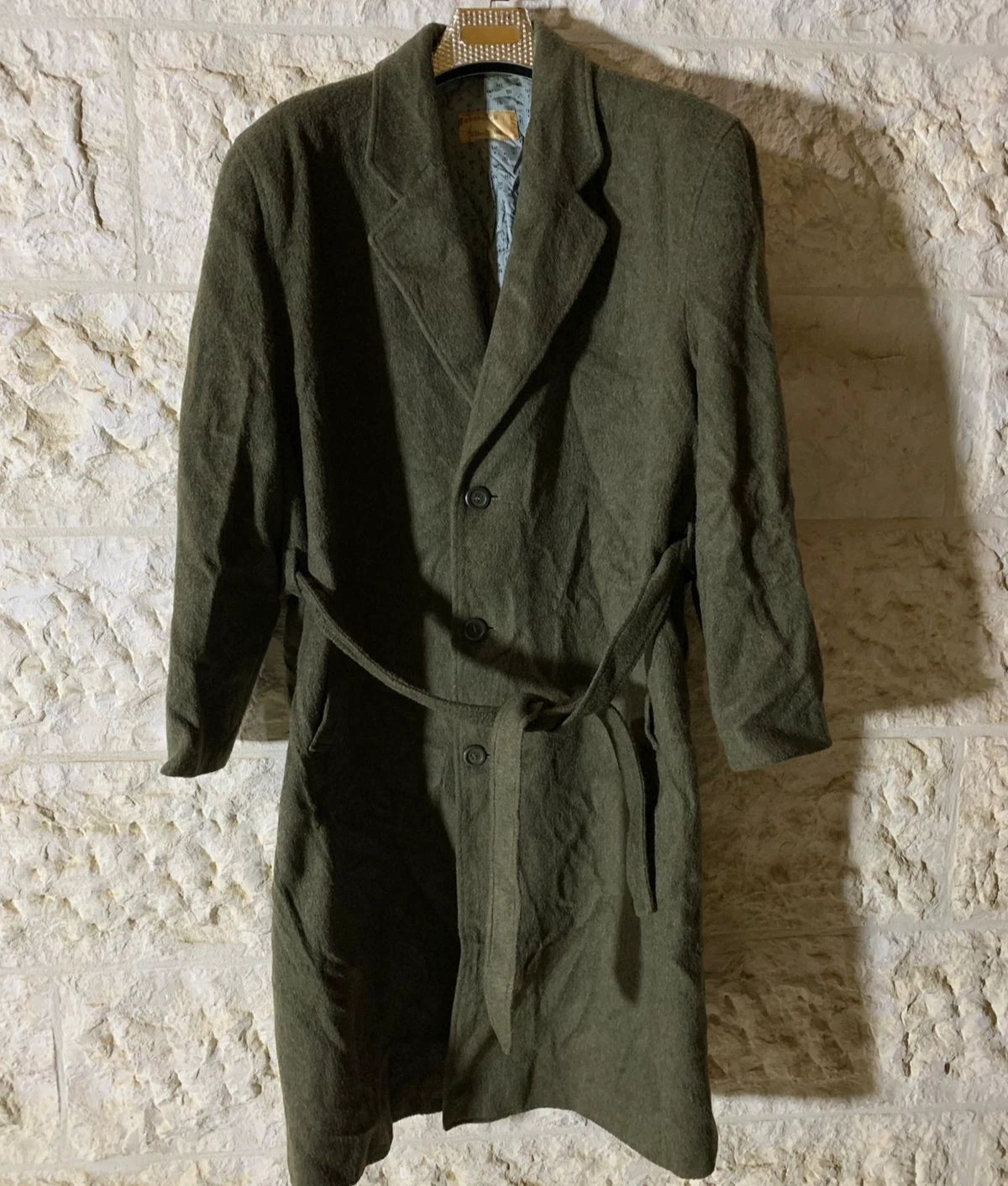 vintage wool blend olive green belted classic long over coat 50R 2XL
