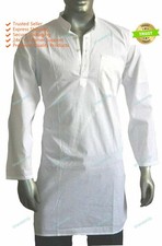 White Mens Cotton Kurta Indian Traditional Ethnic Solid Pathani Stylish