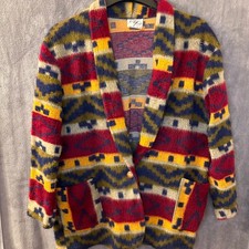 VTG Aztec Geometric Print Women  s L Grandma Cardigan Jacket Multi Color USA Made
