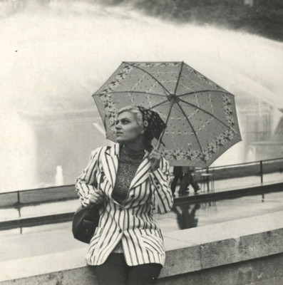 Vintage Photo Woman Umbrella Fountain Cinematic Blonde Girl Striped Jacket