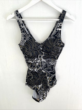 MAXINE OF HOLLYWOOD Black/Gold Floral Dot Print One Piece Swimsuit Ruched Size 8