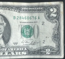 (VINTAGE!) $2 *TORN* New York Old Currency Serial Number B28460676A Series 1976