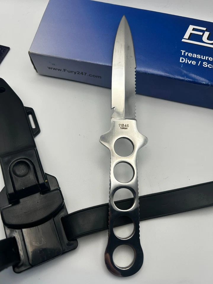 Cuchillo de buceo y funda FURY SCUBA con correas de goma para las piernas -4" con caja Foto 2 de 4