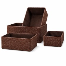 4-Piece Woven Storage Basket Set Recycled Paper Rope Organizer Bins Brown