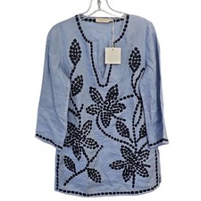 Tory Burch Light Blue Linen Tunic Dress Floral Embroidered Vintage Look Beach XS