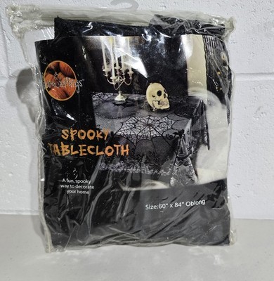 Halloween-Themed Tablecloth Oblong 60'' X 84'' Lace Spiderweb Design Pumpkin Witch