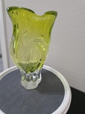 Vintage Heavy Chartreuse Art Glass Vase  10" Murano Style Green Swung Vase