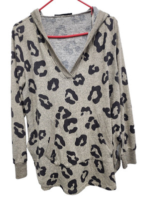Doe & Roe BOHO Hoodie Womens Medium Beige Black Leopard Print Oversized Pullover