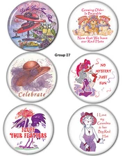 #27 FUN 3"  BUTTONS PIN BACKS FAVORS GIFTS FOR RED HAT LADIES OF SOCIETY