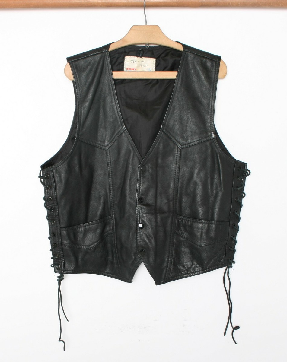 トップス Used Leather Vest Vintage FIRST Mfg. Co. Black Leather Motorcycle Vest w/Lace