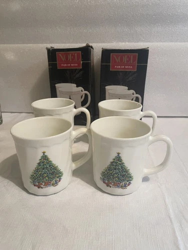 Salem Porcelle NOEL Christmas Tree Wreath Set of 4-3.5" Coffee Tea Mugs France