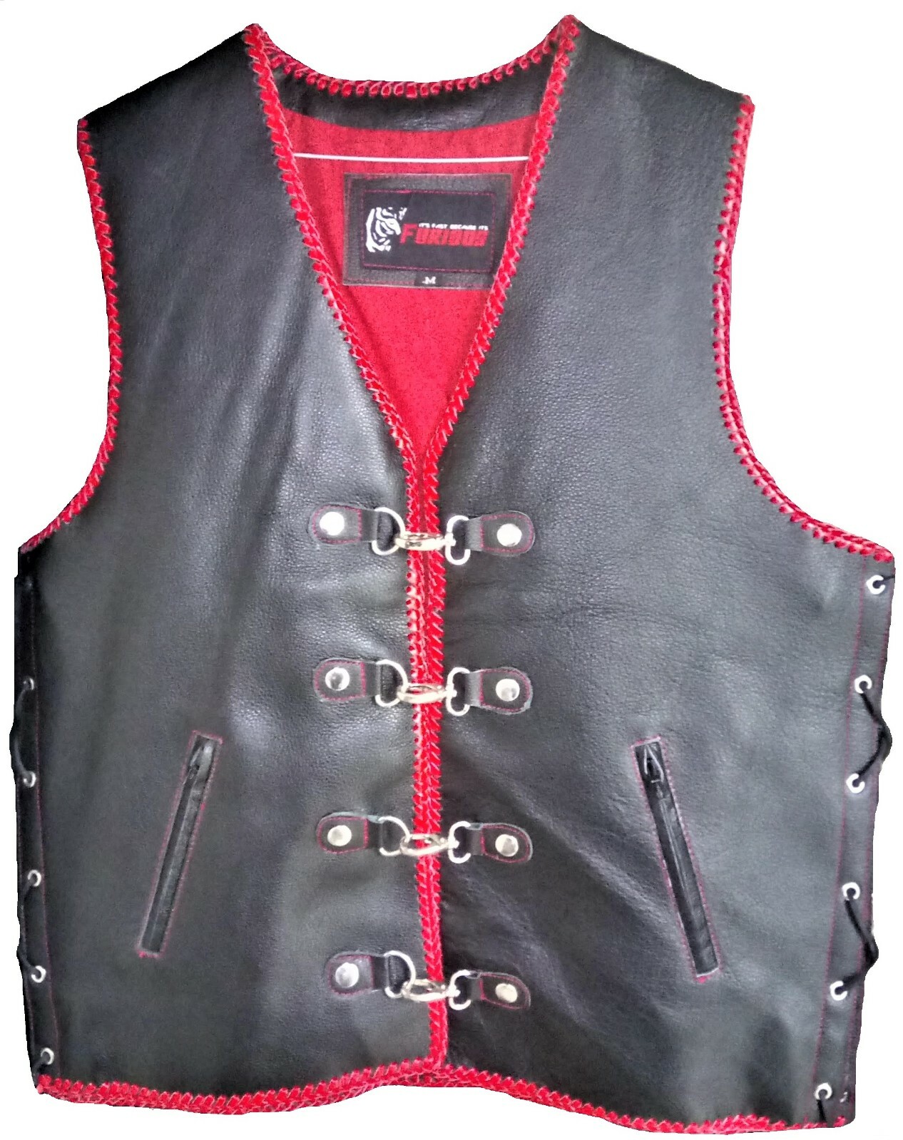 Motorcycle Leather Vest Biker Motorbike Red Braided Leather Bike Buckle Vest