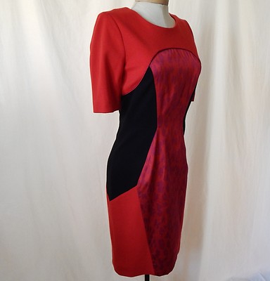 NWT $295 ETCETERA RED BLACK COLOR-BLOCK LEOPARD SHEATH DRESS sizes 0 2 4 8