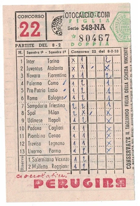 Schedina Totocalcio Publicitaire 1966 – Calcio Peroni, Molinari, Cynar – Vintage