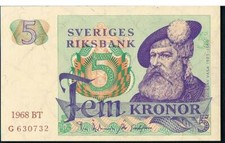 SWEDEN BANKNOTE 5 P51a 1968 UNC