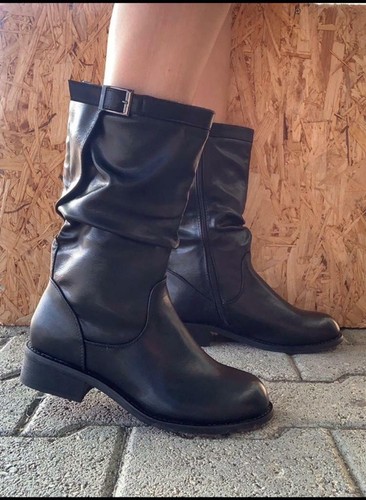 Botas Mujer Alto Zapatos Hebillas Negro Botines Bajos Tacón Bajo Moda Nuevo  | eBay