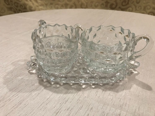 VINTAGE FOSTORIA AMERICAN CUBIST CLEAR 3~PC CREAM AND SUGAR SET WITH TRAY