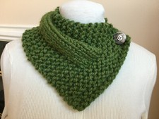 Hand Knit Olive Green Neck Warmer Scarf Wrap with Button Closure - Handmade