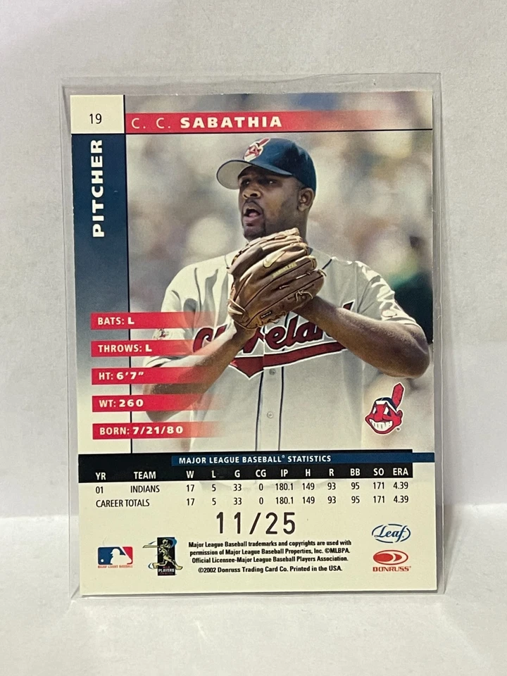 Leaf Press Proofs Platinum #19 C.C. 2002 Sabathia - Serie #'d/25 Foto 2 de 2