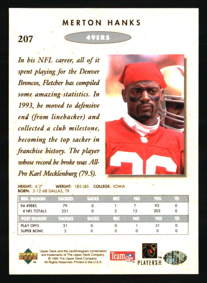 Merton Hanks 1995 SP Championship #207 FOOTBALL Card - Image 2 of 2