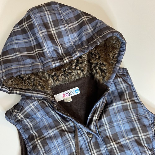 Roxy Fleece Lined Hooded Hoodie Faux Fur Checkered Plaid Puffer Vest Sz Small - Picture 3 of 6