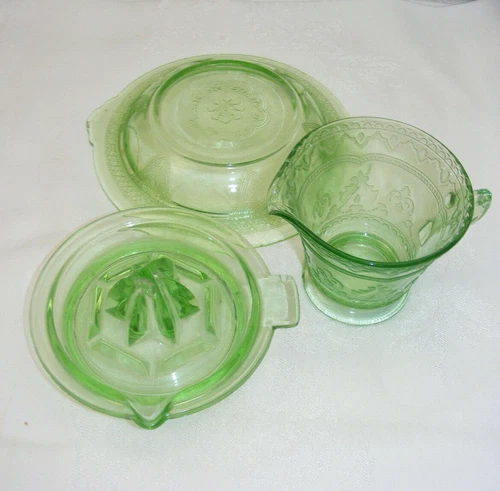 Vintage Green Depression Uranium Glass 3 Pieces Creamer Juicer Bowl