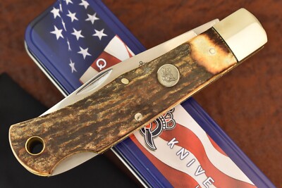 MADE IN USA QUEEN CUTLERY CO BURNT STAG MOUNTAIN MAN JACK LOCKBACK KNIFE (20575)