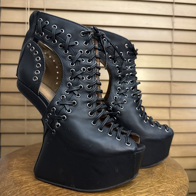 #ad Jeffrey Cambell Lace Up Peek Toe Platform Shoes Size 7 Black $98.00