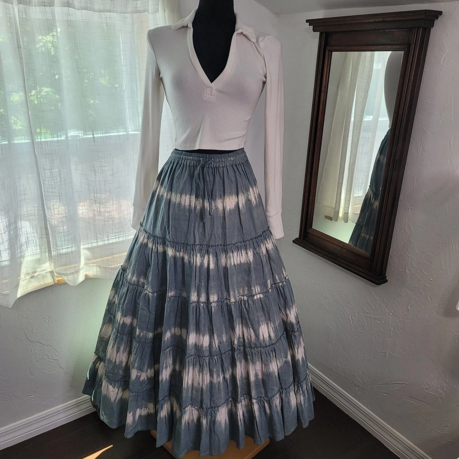 Sole S/M Tiered Linen Cotton Skirt Blue Tie Dye Elastic Waist+ Free Crop Shirt