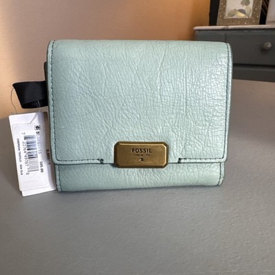 NWT Fossil Emerson Trifold Leather Wallet. Sea foam/Sea glass. Pebbled leather. 