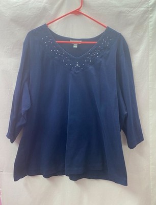 Essentials Navy Blue Women's 2X Blue Embroidered &Rhinestone Shirt 100% Cotton